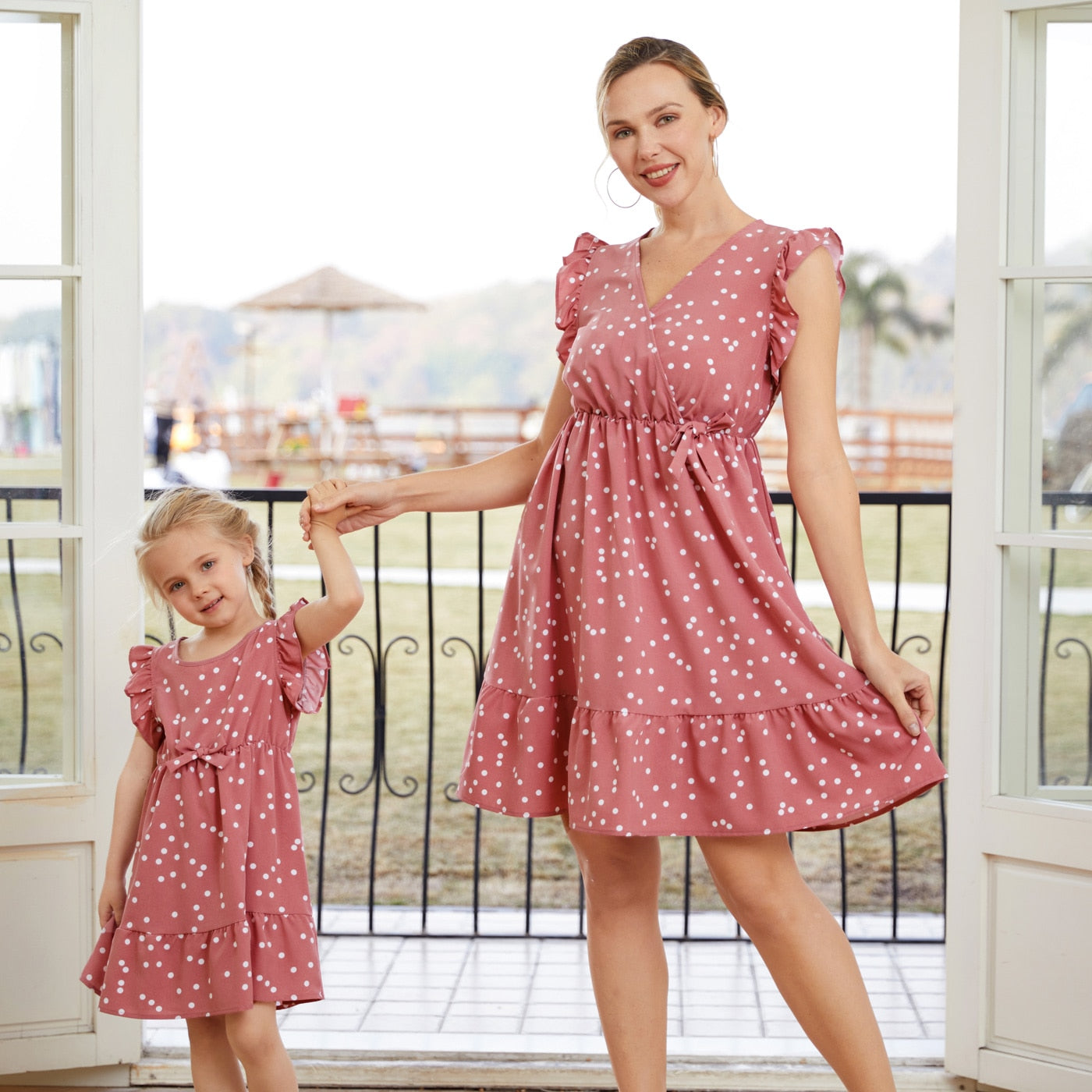 PatPat Mom and Me Dress Mother Daughter Pink Cross Wrap V Neck Ruffle Flutter-sleeve All Over Dots Dresses Family Matching