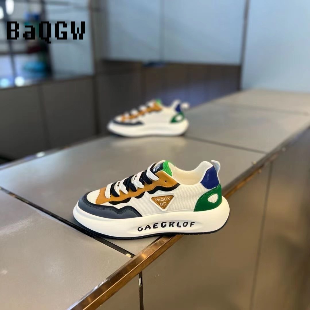 Fashion Color Block Chunky Sneakers Men Comfortable Running Shoes Casual Leather Breathable Height Increased Flat Platform Shoes