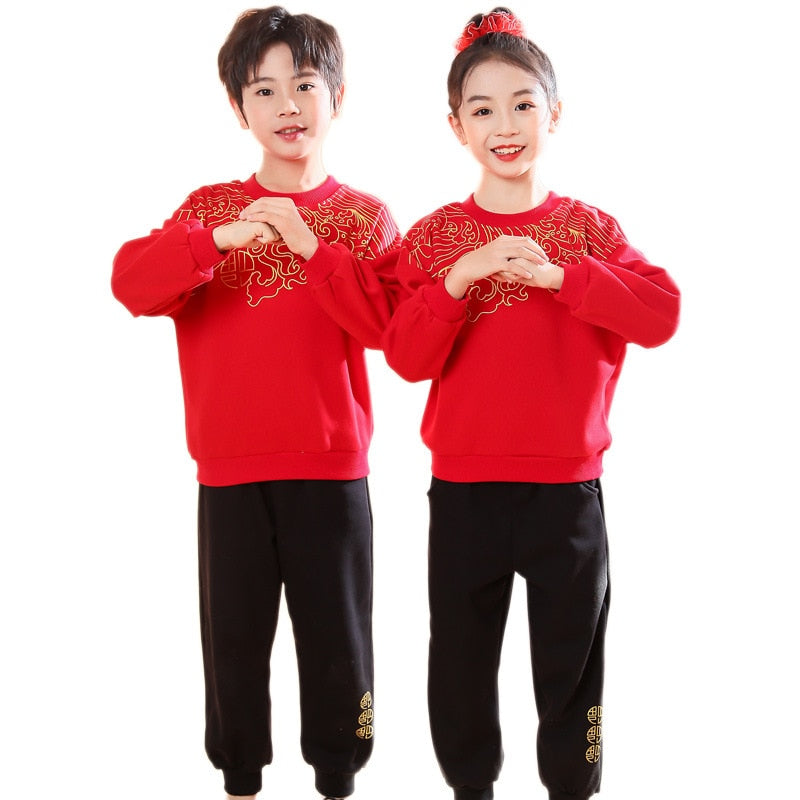 2022 Autumn Winter 2-14 Years Children Brother Sister Family Matching Outfits Thicken Chinese Sweatshirt+Pants Set For Boy Girl
