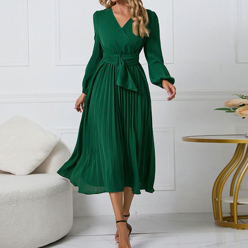 Office Lady V-Neck Solid Color Pleated Midi Dresses Fashion Commute Simplicity Lantern Sleeve A-Line Belt Dress Women&#39;s Clothing
