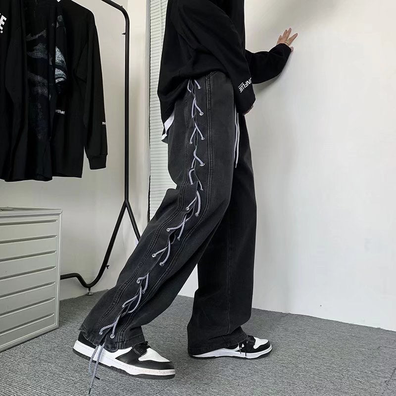 New Drawstring Knitted Jean Pants Men Straight Loose Hip Hop Pants Fashion Patckwork Casual Streetwear Jeans Male Trousers