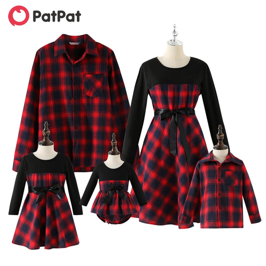 PatPat Family Matching Contrast Plaid Long-sleeve Dresses and T-shirts Sets
