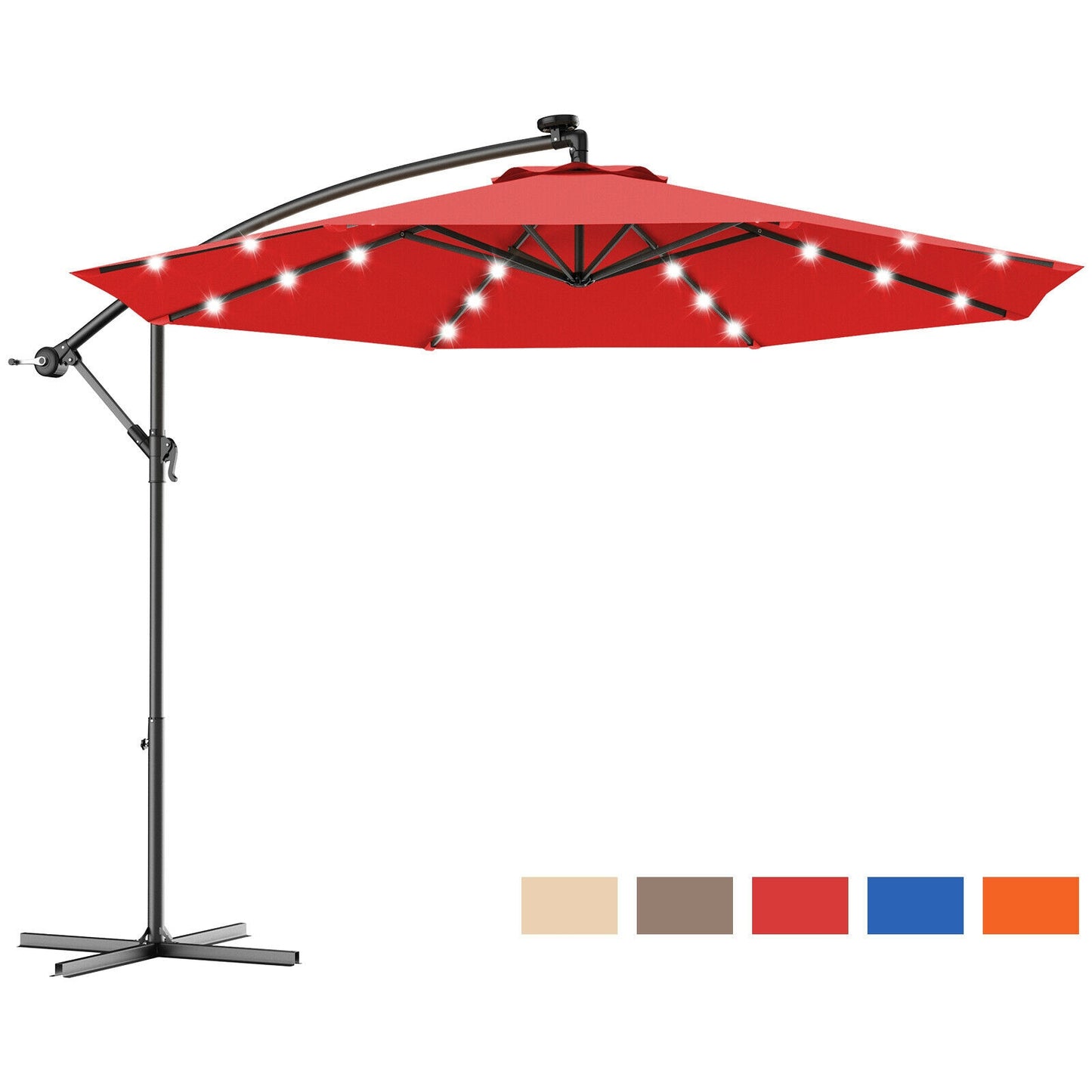 Costway 10&#39; Hanging Solar LED Umbrella Patio Sun Shade Offset Market W/Base OP70754