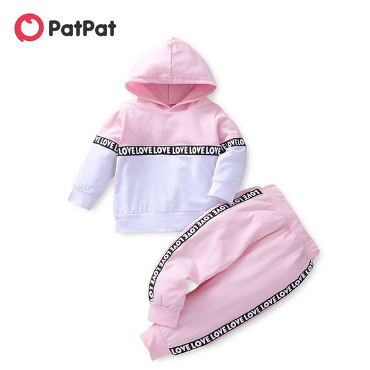 PatPat 2pcs Letter Print Splice Color Block Hooded Long-sleeve Baby Set