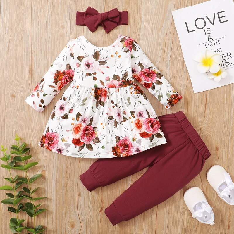 PatPat New Autumn and Spring 3-piece Baby Pretty Floral Dress Top and Polka Dots Pants with Headband Sets Kids Girl Clothes