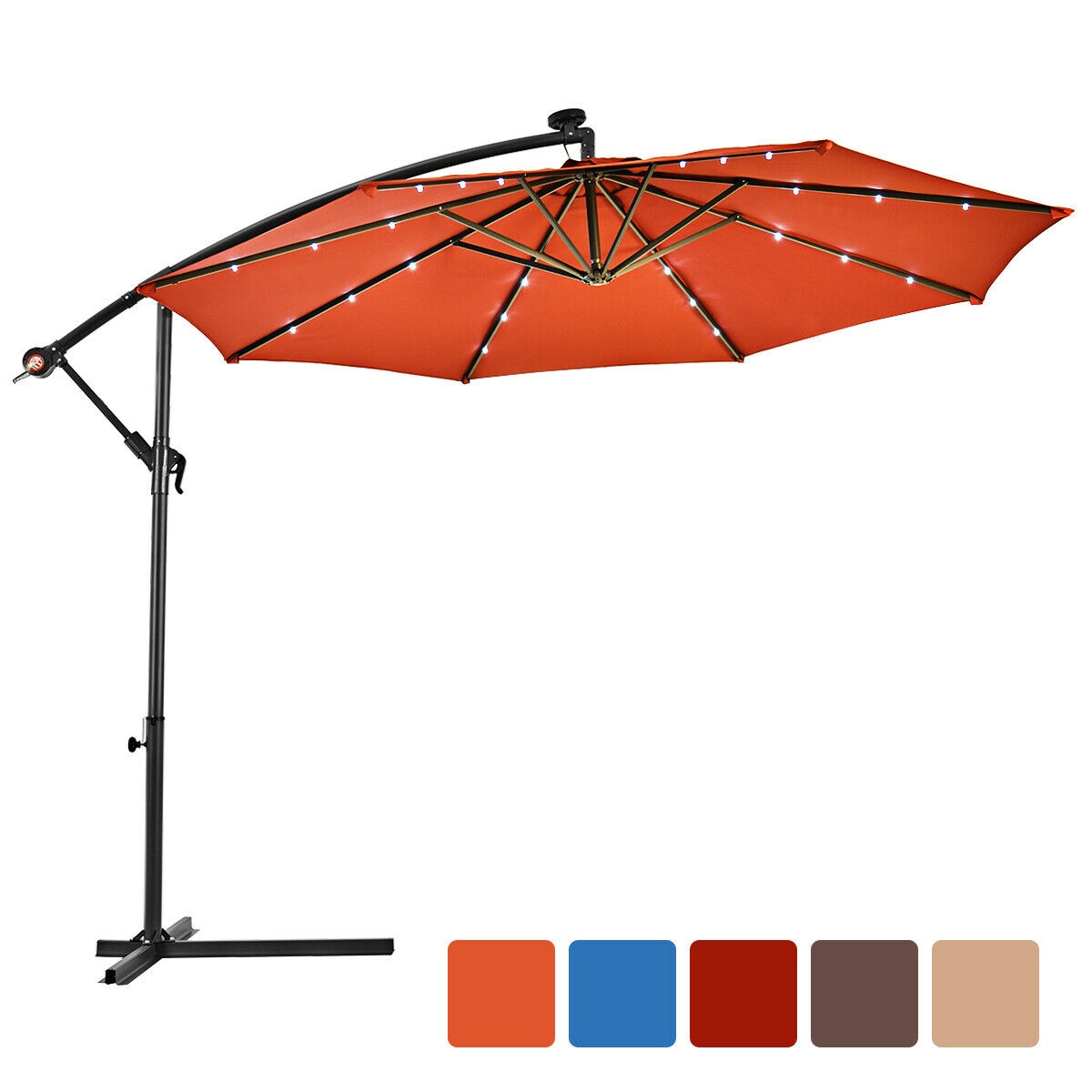 Costway 10&#39; Hanging Solar LED Umbrella Patio Sun Shade Offset Market W/Base OP70754