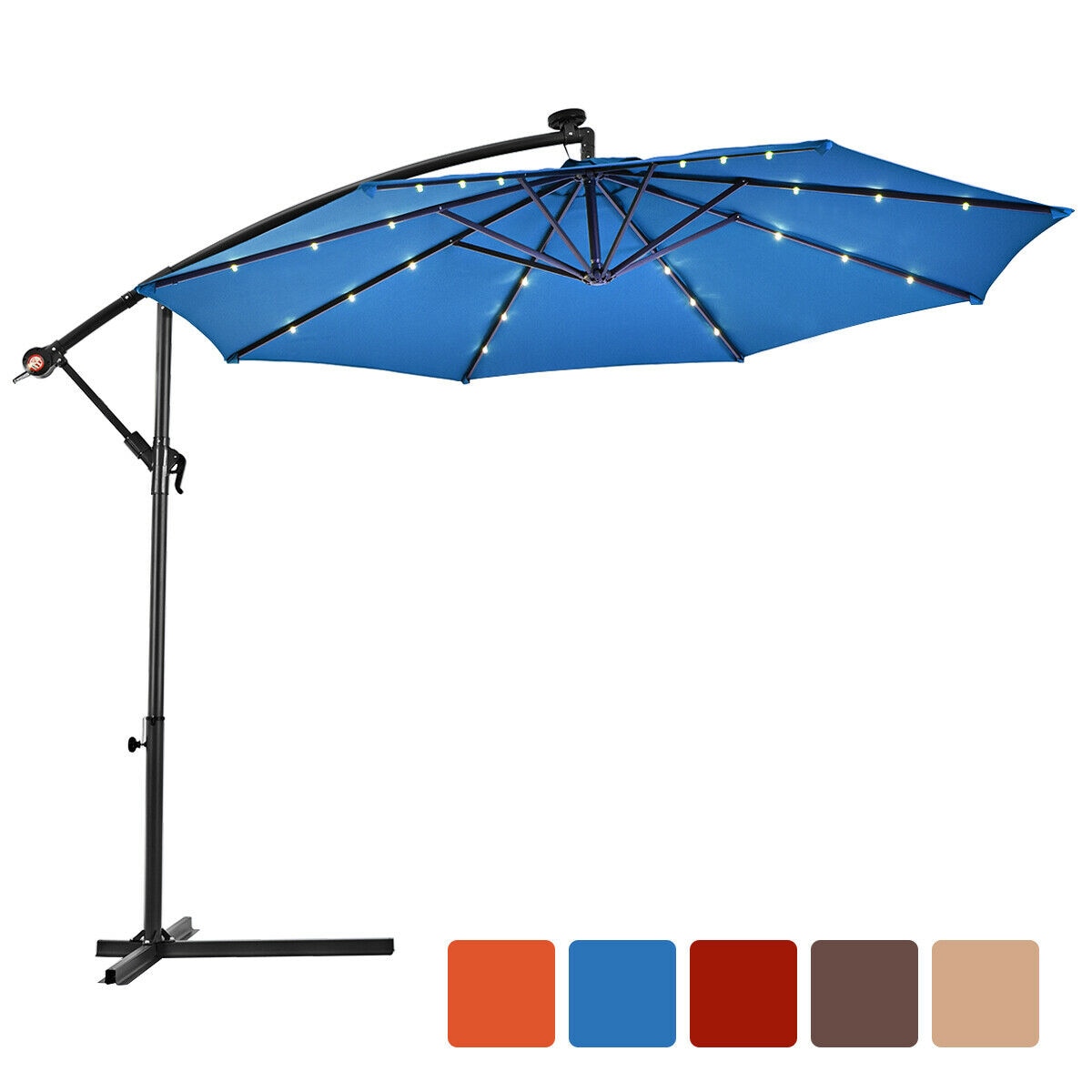 Costway 10&#39; Hanging Solar LED Umbrella Patio Sun Shade Offset Market W/Base OP70754