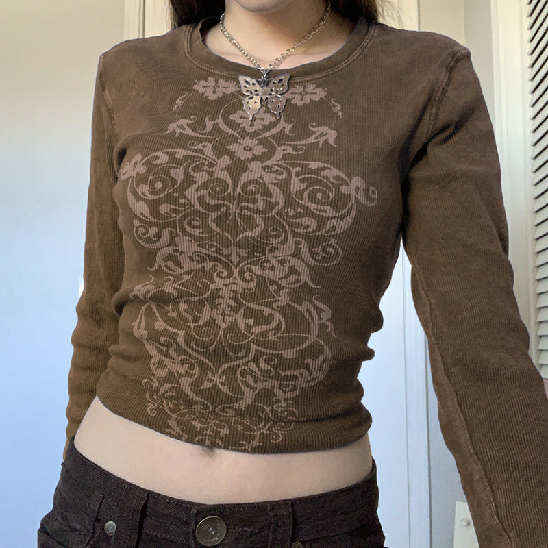 Ins American Retro Style Print Round Neck Slim Long Sleeves