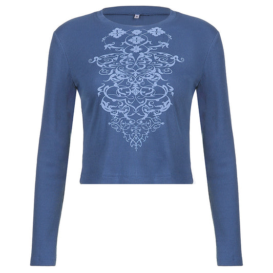 Ins American Retro Style Print Round Neck Slim Long Sleeves