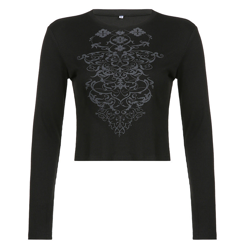 Ins American Retro Style Print Round Neck Slim Long Sleeves